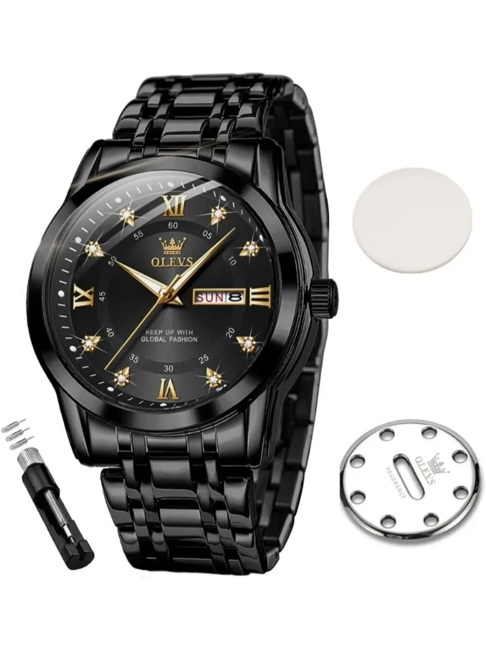 Olevs Mens Black Dial Diamond Wrist Quartz Stainless Steel Luminous Luxury Watch